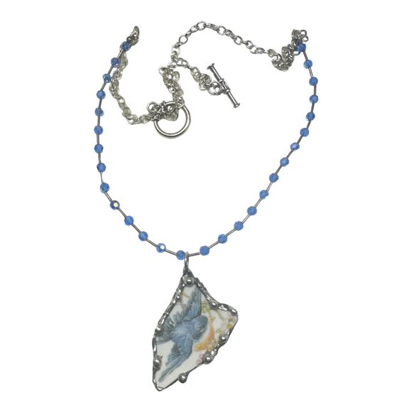 Hand Crafted Jewelry - Blue Bird China Homer Laughlin Artisan Pendant Adorned w/ Blue Crystal Necklace
